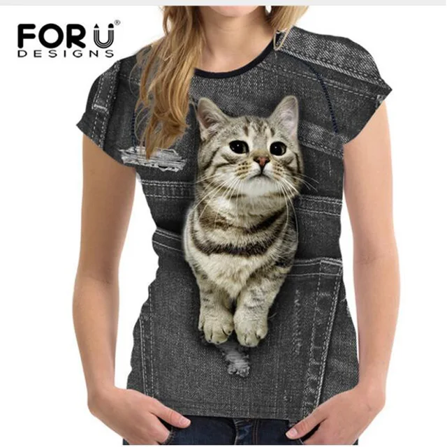 FORUDESIGNS Cute Cat Tee Shirts for Women,Black Denim Dog T shirt Femme