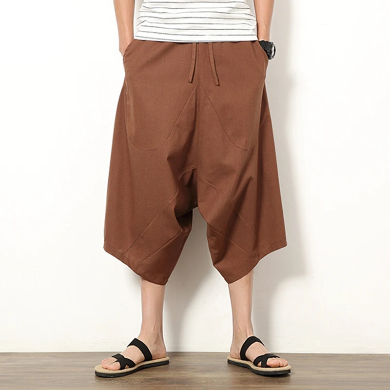 Men Linen Haren Pants Japan Style Comfortable Wide Leg Pants Hanging Low Metrosexual Loose Casual Pants Seven Trousers 7Q1784