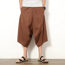 Men Linen Haren Pants Japan Style Comfortable Wide Leg Pants Hanging Low Metrosexual Loose Casual Pants Seven Trousers 7Q1784