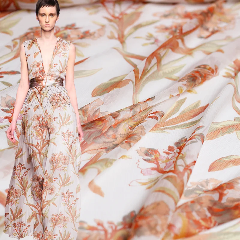 Перламутровый шелк с оранжевым цветочным принтом, гофрированный шифон, шелк тутового шелкопряда, материалы, летнее платье, сделай сам, одежда, ткани