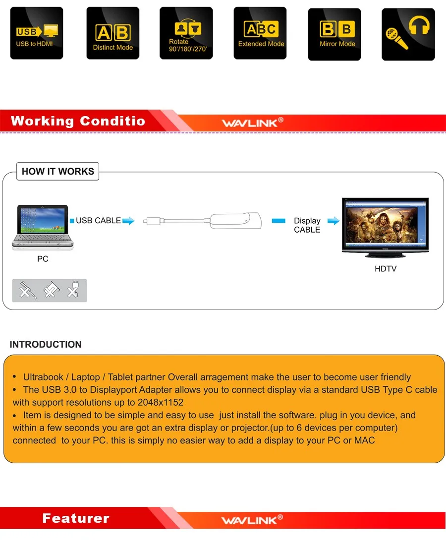 Wavlink USB 3.0 To HDMI Multi Monitor Video Graphic Adapter HD 1080p Output External Video Card Adapter DP Display Windows Mac
