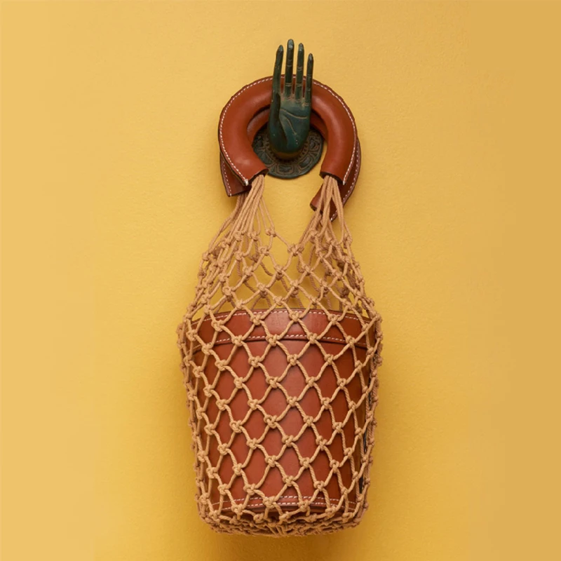 

Knit Rope Women Net Bucket Bag Luxury Designer Handbags Fashion Hollow Out Leather Summer Travel Beach Tote Bag Female Hand Bags
