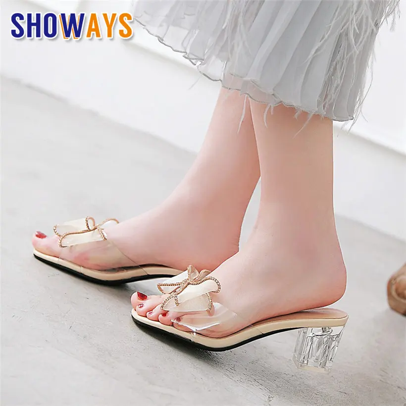 

Summer Women Slides Rhinestone Bowtie Clear PVC Crystal Square Block High Heels Slippers Slip-on Casual Outdoor Beach Lady Shoes