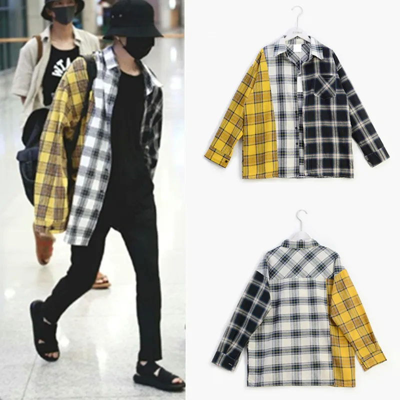 Achat Kpop EXO GOT7 jin suga même coréen sort couleur plaid chemise Sweatshirts k pop printemps automne harajuku jaune manteau à capuche