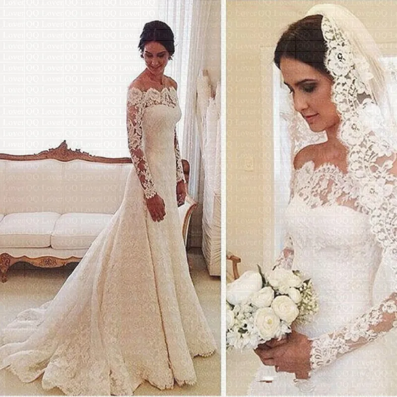 2019 Vestidos De Novia кружево Свадебные платья Наплечная аппликация для женской футболки одежда с длинным рукавом Винтаж Свадебные пуговицы сзади