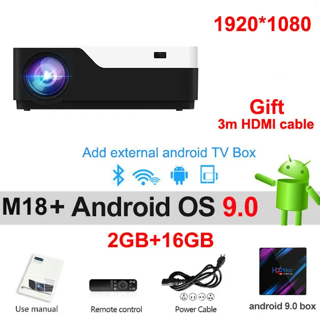 Vivicine M18 Full HD светодиодный проектор, дополнительно Android 9,0 HDMI USB PC 1080p домашний мультимедийный видеопроектор - Цвет: m18 add android 9.0