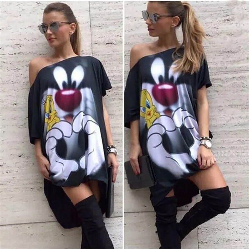 

cat bird cartoon print women summer thin long t shirt oversized one shoulder short sleeve top harajuku vogue streetwear funny