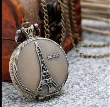 

Wholesale 1 PCS Vintage bronze Fashion quartz Eiffel Tower pendant woman and man Necklace pocket watches