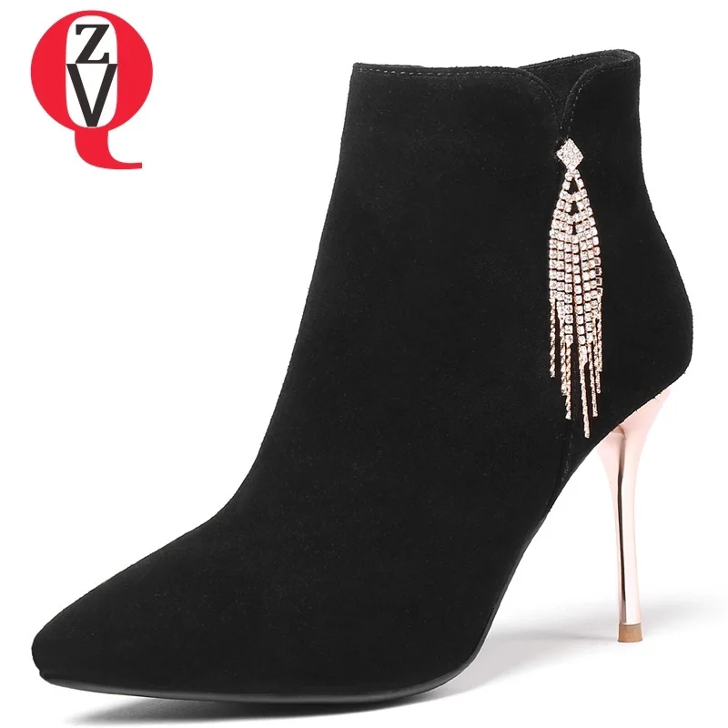 

ZVQ new hot sale kid suede shoes women fashion sexy outside pointed toe super high thin heel fringe party ankle boots size 32-43