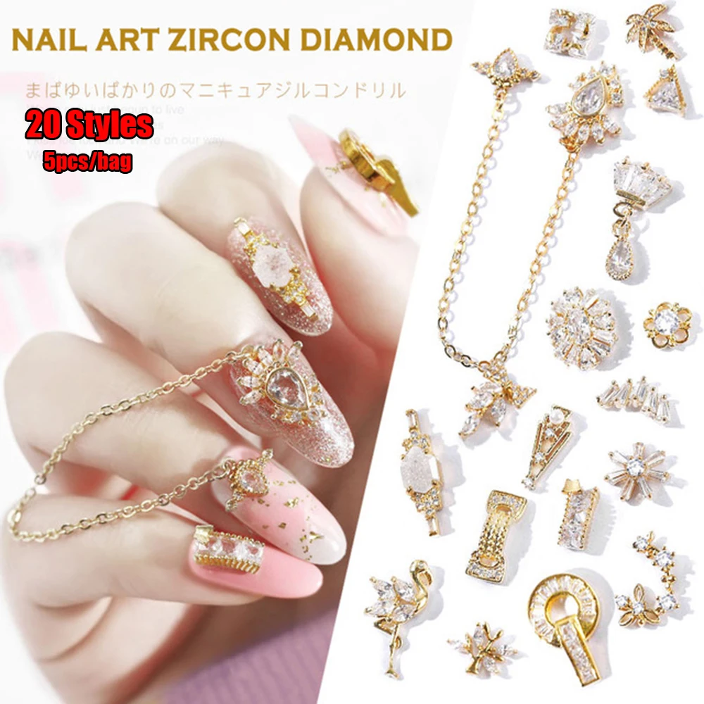 

5PCs/Set Luxury Zircon Nail Crystal Rhinestones 3D Alloy Chains Flower Tree Flamingo Crown DIY Manicure Mixed Nail Art Decor