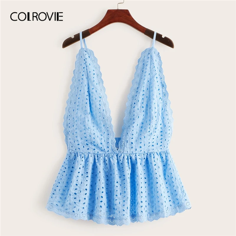 

COLROVIE Blue Eyelet Embroidery Deep V Neck Peplum Cami Top Women Clothes 2019 Summer Korean Backless Tee Shirts Holiday Vest