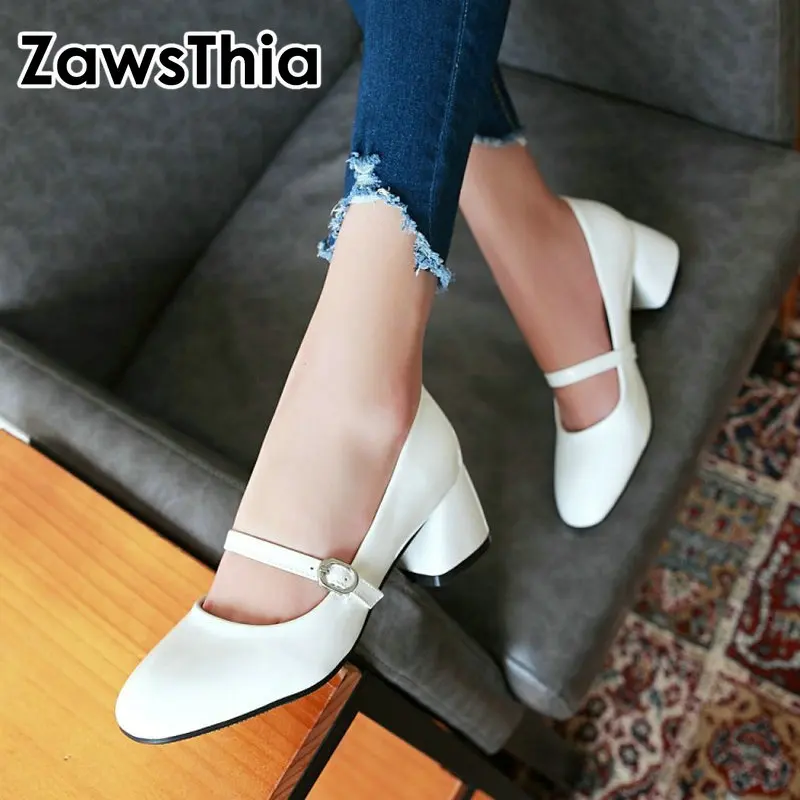 

ZawsThia PU white black red sweet lolita girls chunky high heels buckle strap women pumps dance shoes students mary janes shoes
