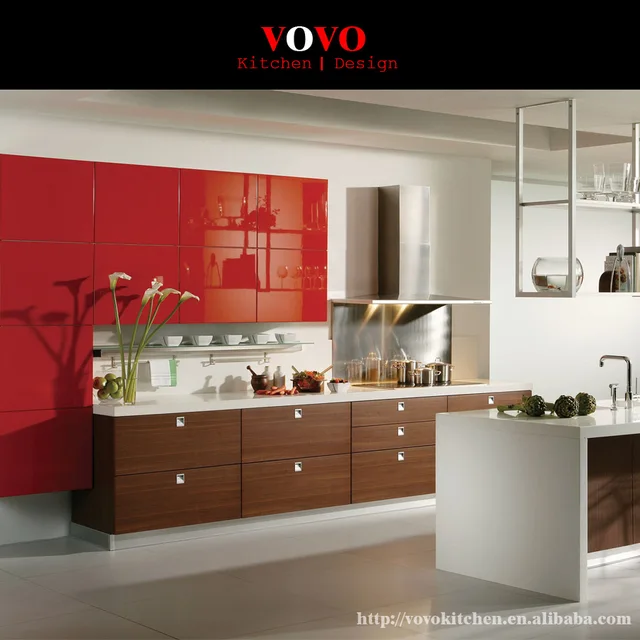 Kayu Butir Melamin Lemari Dapur Dengan Highg Terintegrasi Gloss Kayu Butir Melamin Lemari Dapur Dengan Highg Terintegrasi Gloss Merah Atas Kabinet