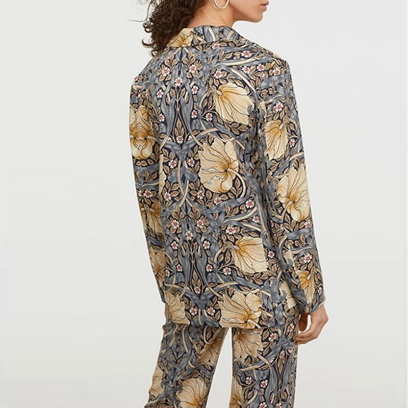 2019 Vintage Floral Print Women's Pant Suits Single Button Office Ladies Blazer Coat And Wide leg Trouser Female Two Piece Sets