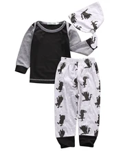 3pcs!!Autumn Spring Newborn Baby Boys Girls Cotton Long SleeveT-shirt Tops+Long Pants Monsters Hat Outfits Set Clothes