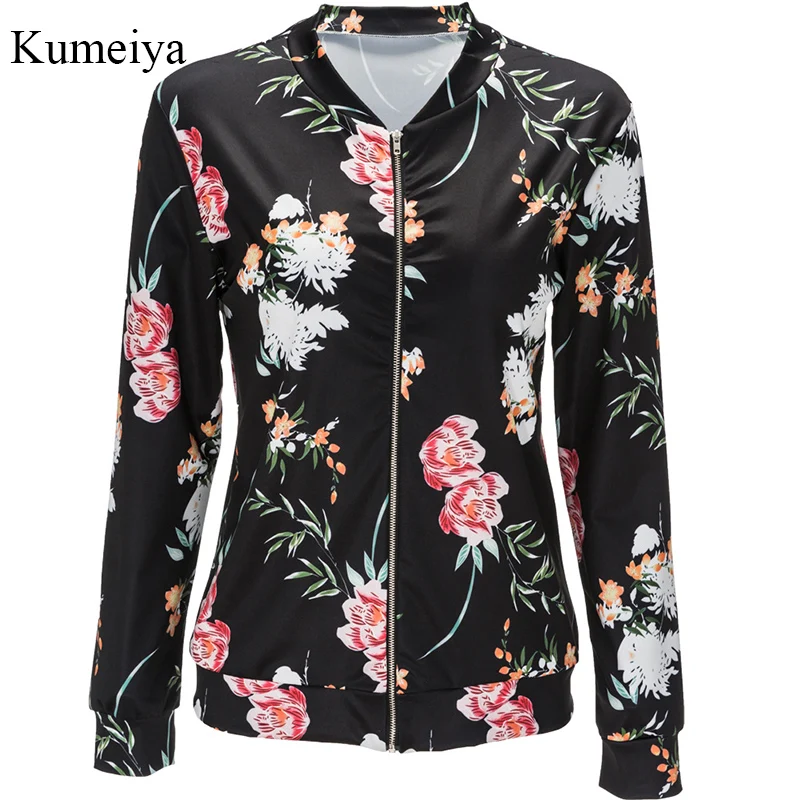 

Kumeiya Women Retro Floral Print Jacket Zipper Bomber Collar Slim Coat Casual Outwear Female Autumn Jacket Fashion Lady Tops