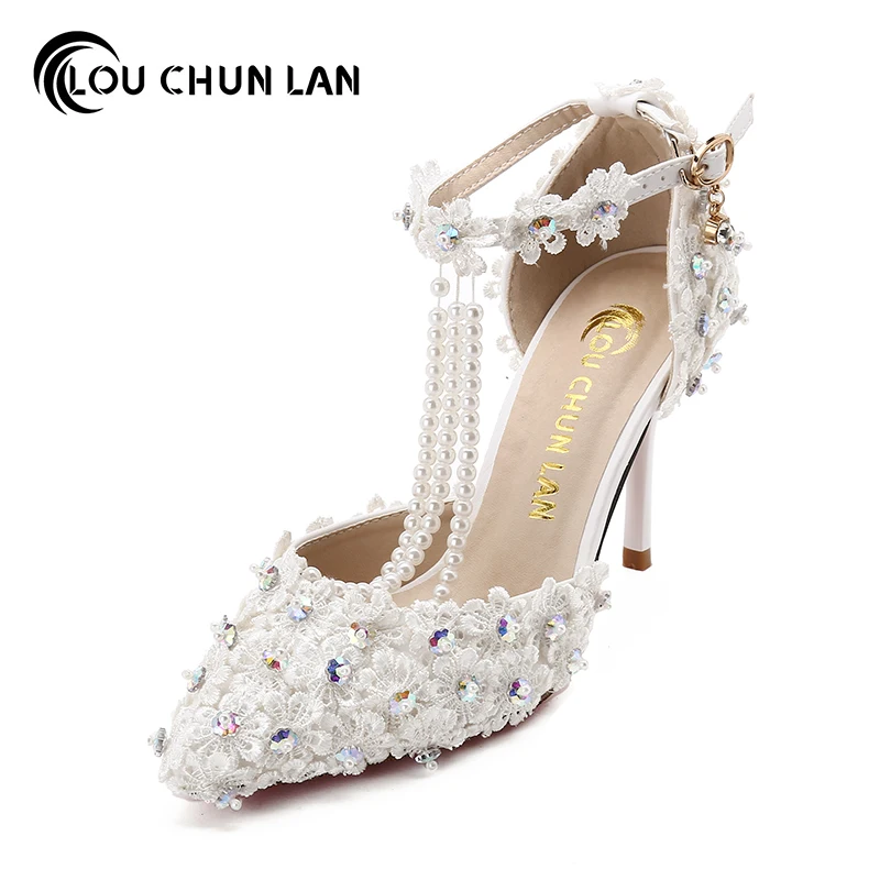 

Flower Lace Rhinestone Pearl Chain Pumps Shallow Mouth Bridal Shoes Wedding Shoes Party Dress Shoes High Heels Women Shoes 9CM