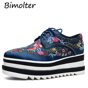 

Bimolter Women Luxury Elegant Embroidery Ethnic Pumps Vintage Platform Wedges Lace-Up Casual Oxford Shoes Spring Autumn PFEB025