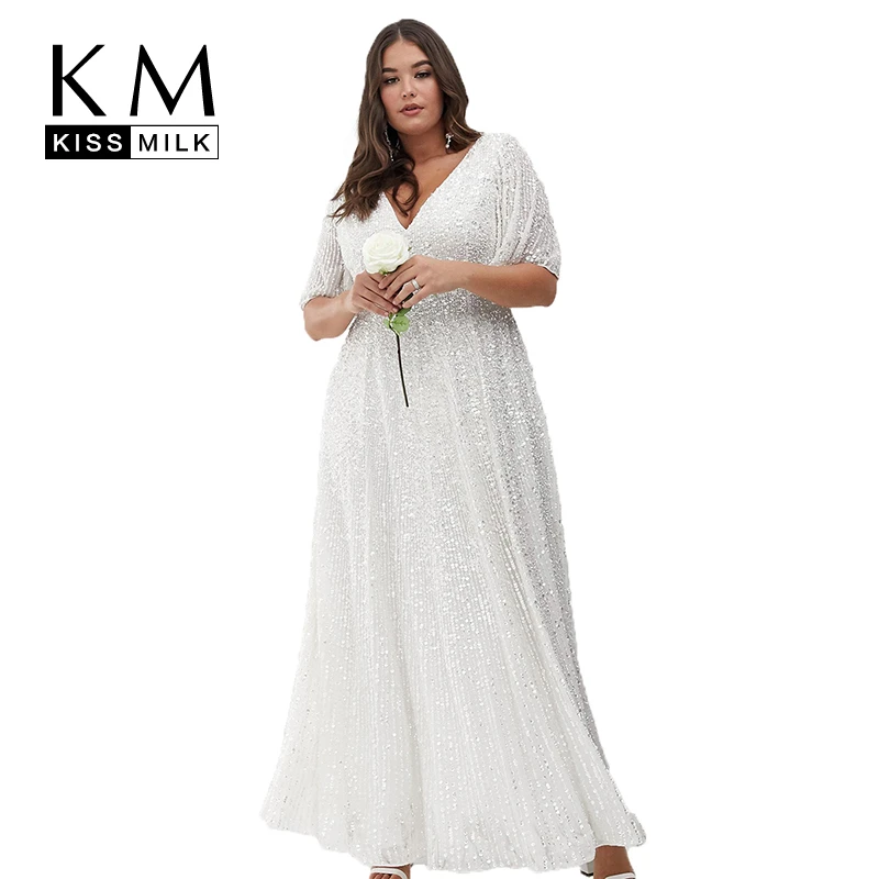 

Kissmilk Leisure Wind Large Size Classic Tailored White V-neck Sequin Long Dresses Plus Bohemian Women Light Formal Dress