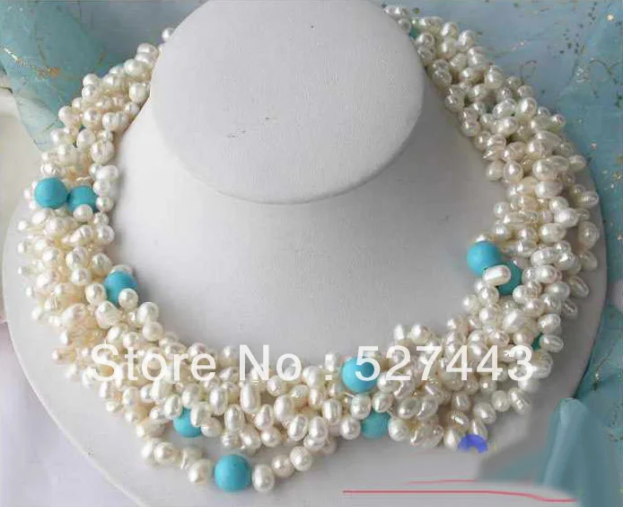 

Wholesale 5ROW 17" WHITE RICE FRESHWATER PEARL turquoise NECKLACE