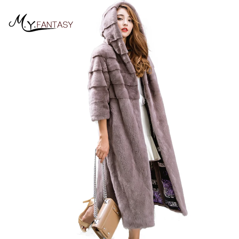 

M.Y.FANSTY 2017 Import Copenhagen Velvet Winter Mink Coat Natural Real Fur Coat Nine Quarter X-Long With Hat Women Mink Coats