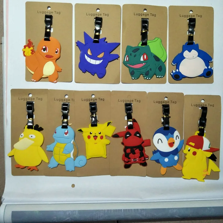 Anime Pokemon Gengar Pikachu PVC key chain Piplup Charmander Squirtle cute funny soft rubber luggage tag boarding pass bag tags