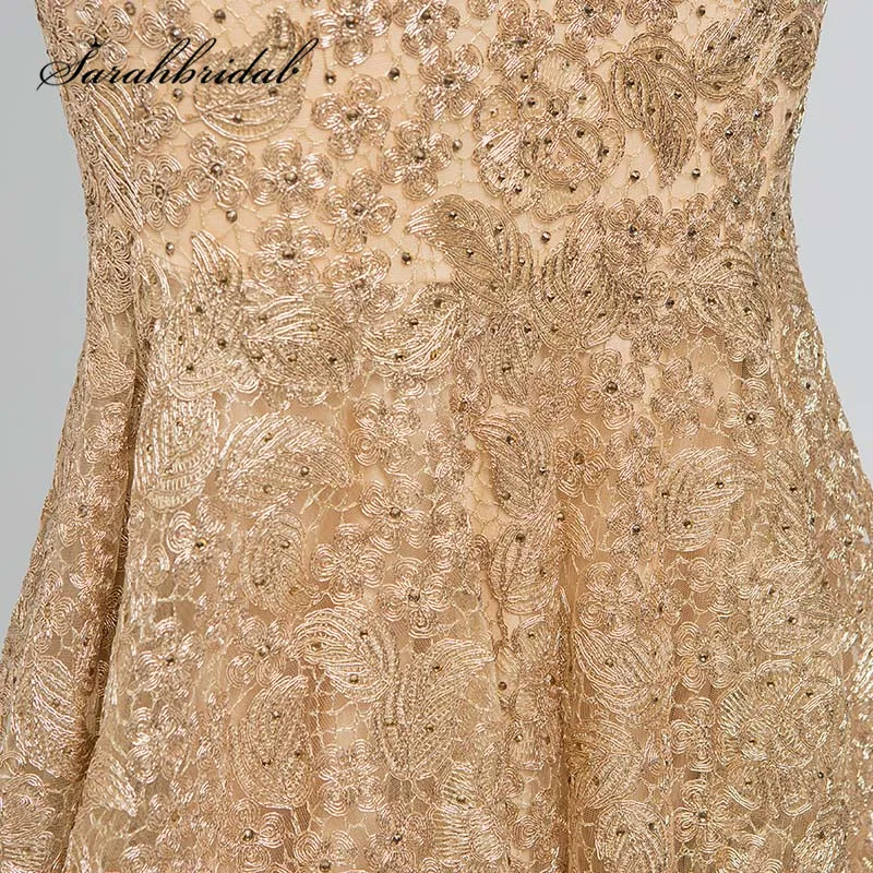 Elegant Evening Dresses Long Gold Lace Embroidery Sexy V Neck Backless Short Sleeves Mermaid Mother of the Bride Formal Gowns