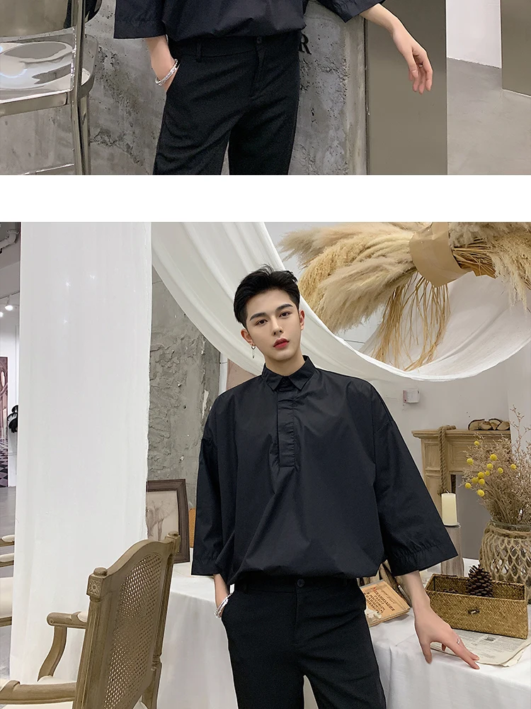 Мужской модный Свободный Повседневный пуловер с коротким рукавом, мужские рубашки в японском стиле Харадзюку, уличная одежда в стиле хип-хоп, черно-белые вечерние рубашки