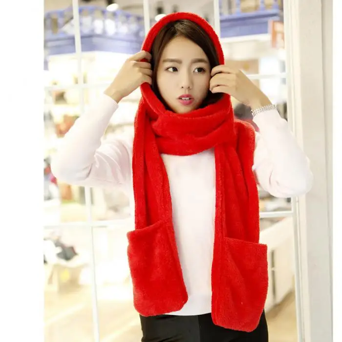 3 in 1 Women Winter Warm Soft Hooded Scarf Snood Pockets Gloves Scarfs Hat Best Sale-WT