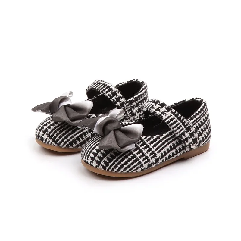 Girls Shoes Toddler Kids Bowknot Single Shoes Children Flat Shoes Baby Soft Sole Non-Slip Princess Plaid Shoes