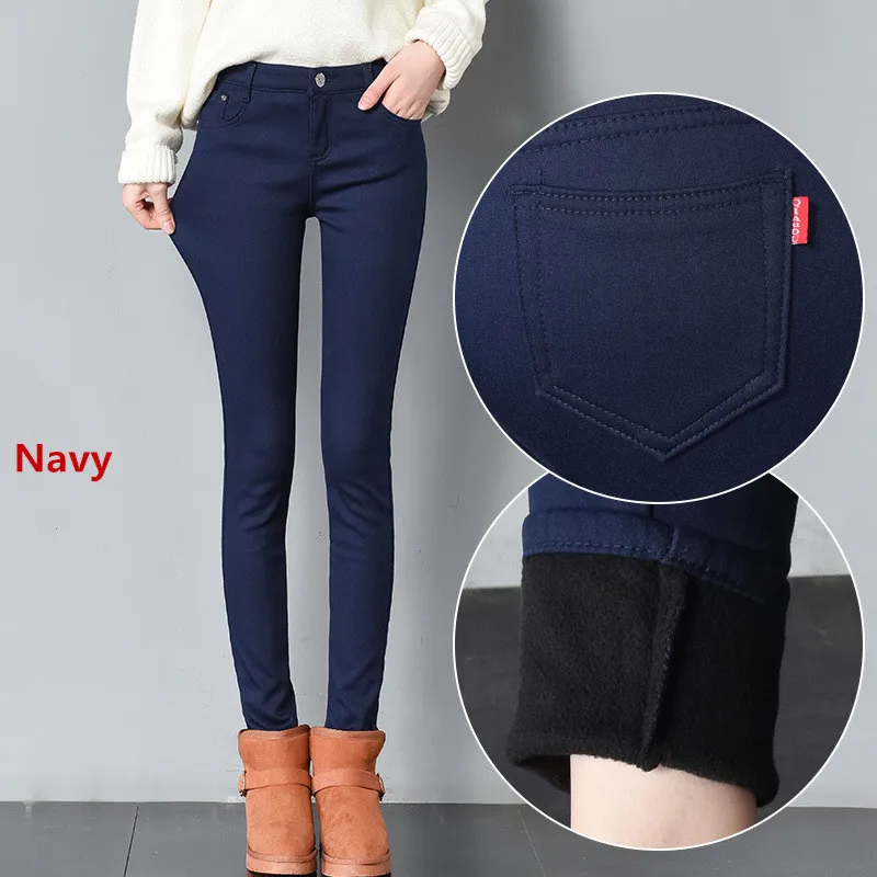  2019 Thick Pencil Pants For Women Winter Warm Skinny Femme Trousers With Velvet Inside Solid Slim F