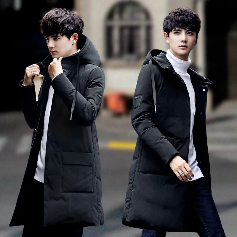 2019 new men's down jacket Korean long coat jacket men's hooded feather padded winter men's clothing