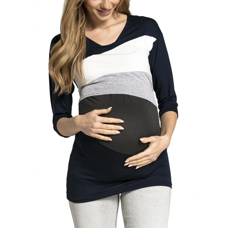 

Maternity Nursing Tops Patchwork Three Quarter Pregnancy tShirt Cotton Maternity Long Sleeve Tees Pregnant Breastfeeding Clothes