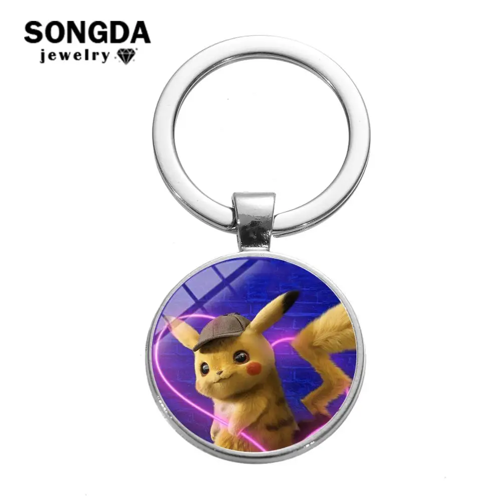 

SONGDA POKEMON Detective Pikachu Keychain Handmade Photo Glass Cabochon Alloy Pendant Key Chain Japan Anime Collection Llaveros