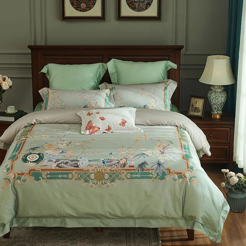 

luxury 1000TC Egyptian 100%cotton Bedding Sets Queen King Size green flowers Duvet Cover Sets Bed Sheets 4pcs bohemia bedspreads