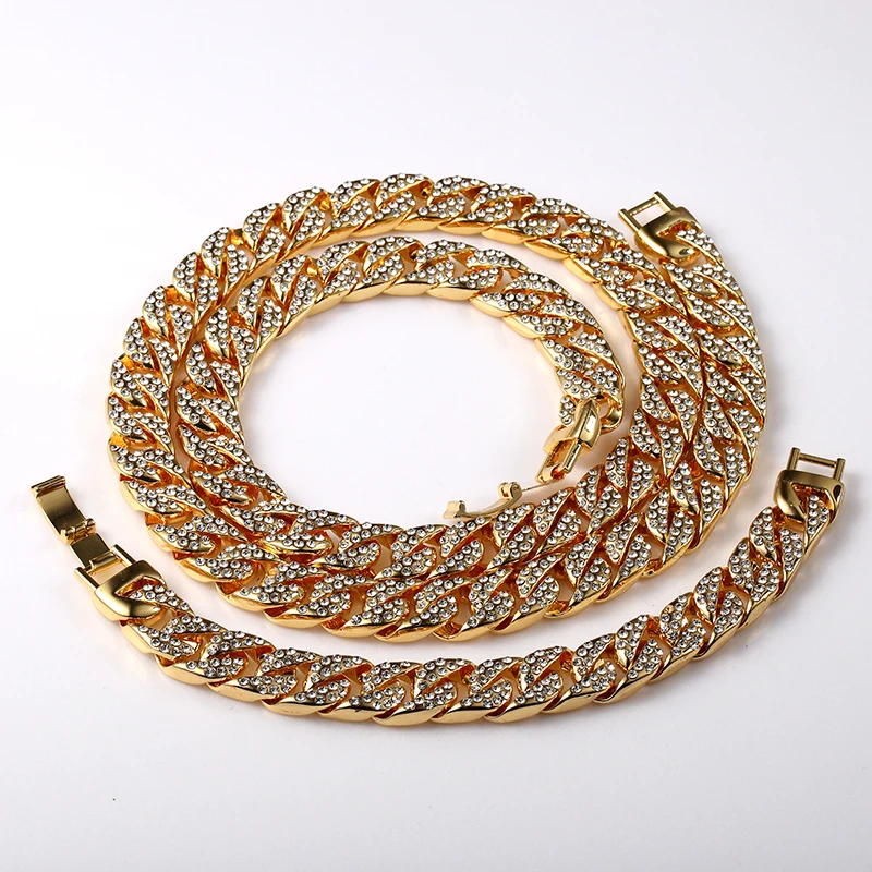 Hip Hop Jewelry set Men Women Simulated Stone Necklaces Bracelets Sets Golden Bling Miami Cuban