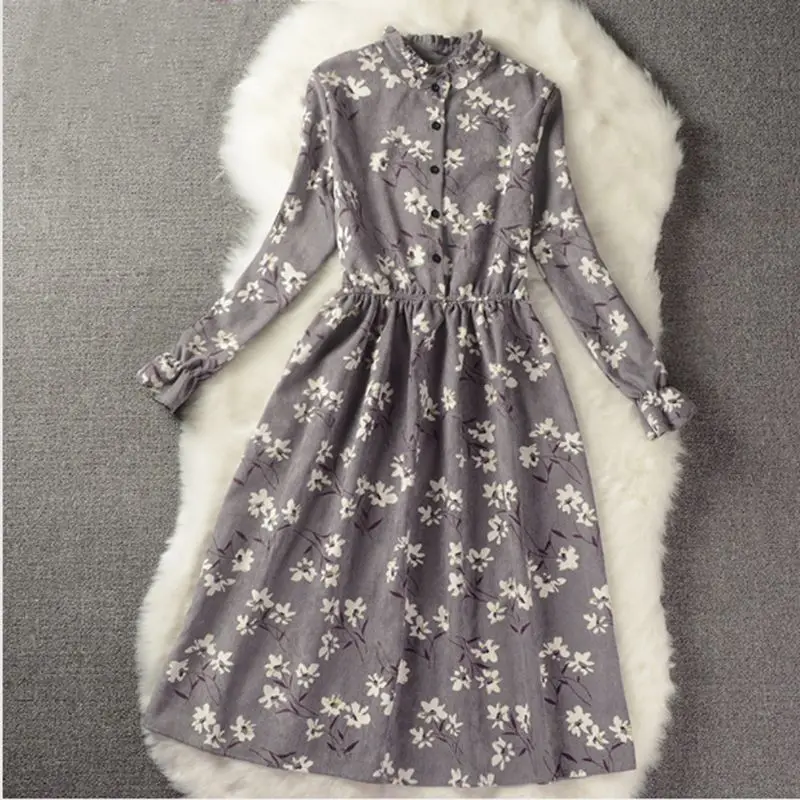 

Spring Autumn Casual Dress Women Stand Loose Waist Printed Corduroy Vestidos Full Sleeved Button Female Vestido Vintage Dresses