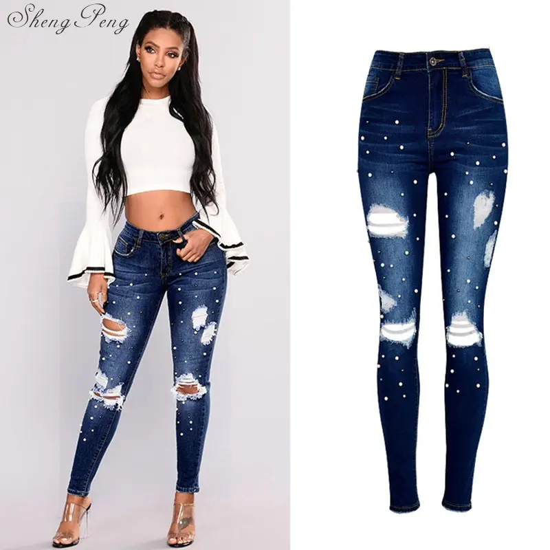 Jeans harem woman mid waist loose office ripped holes
