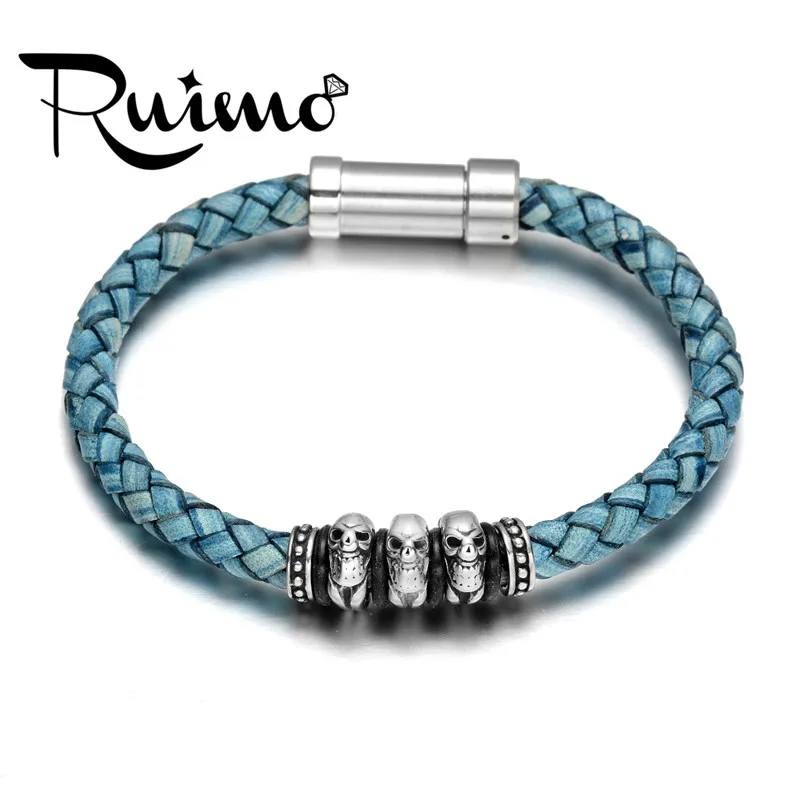 

RUIMO Skull Bracelet Men Leather Bracelets 316l Stainless Steel Charm Genuine Braided Skeleton Trendy Jewelry