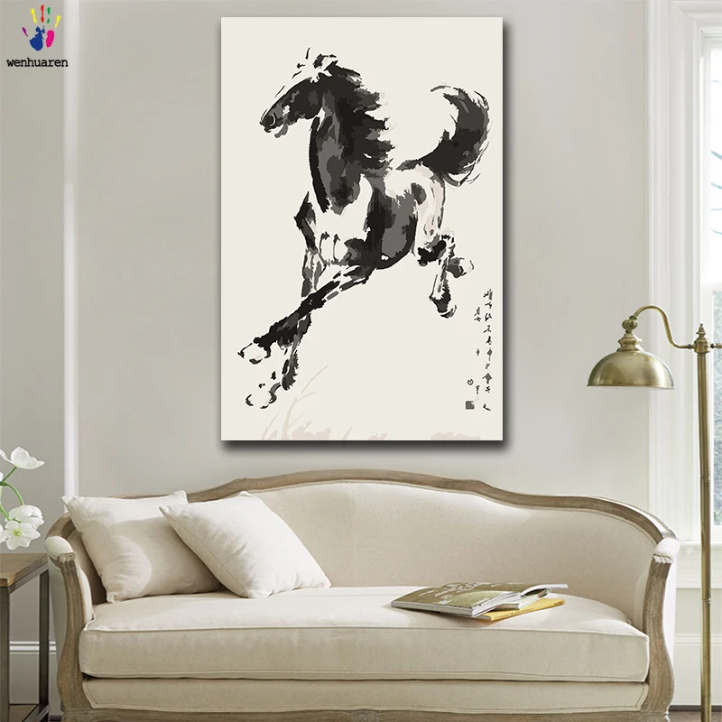 

DIY colorings pictures by numbers with colors Xu Beihong Ink horse illustration picture drawing painting by numbers framed Home