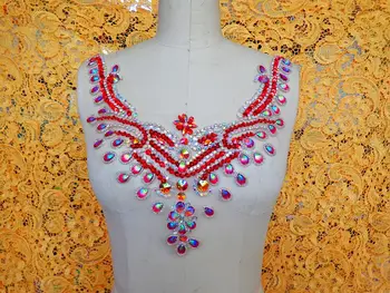 

A127 Handmade red /clear AB colour patches sew on Rhinestones applique crystal with stones sequins beads 34*25cm