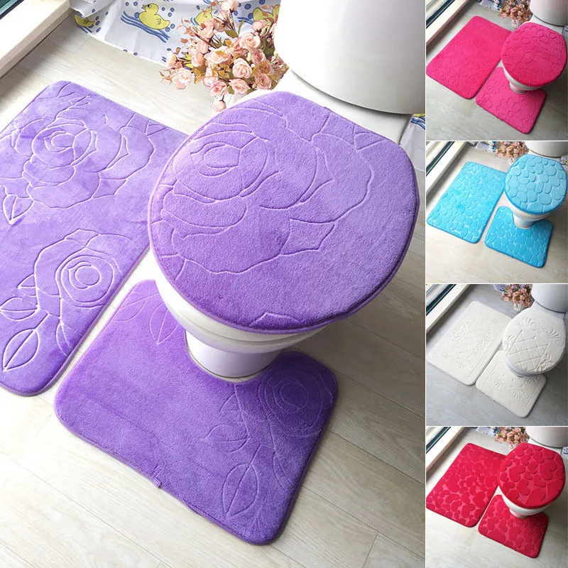 

Three Pieces Bathroom Mat Set+Water Absorbent U-shape Mat+Toilet Seat Lid Cover Waterproof General Household Cover
