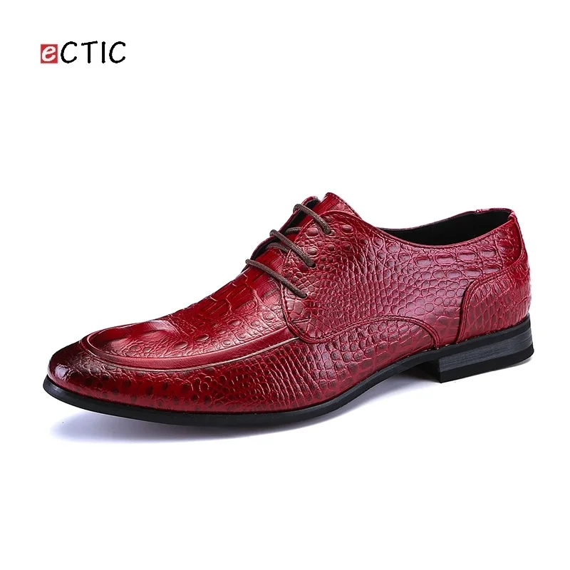 

Ecitc Crocodile Lace Up Business Wedding Patent Leather Oxford Men Dress Shoes Burgundy Pointed Toe Dropshipping Calcado