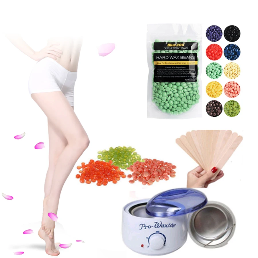 

100g Hard Wax Beans Epilator Hot Heater Kit with 10pcs Wooden Sticks Hair Removal for Face Bikini Beauty