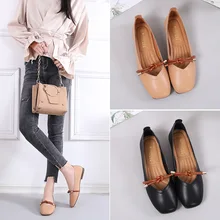 Большие размеры; женские тонкие туфли с закрытым носком и бантом; Удобные однотонные лоферы из мягкой кожи; женская повседневная обувь на плоской подошве; Мокасины без застежки