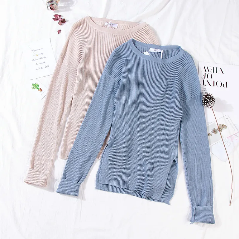 

Ladies' long-sleeved T-shirt with knit sweater pullover slim body spring women's dress Korean edition schoolgirl solid color bac