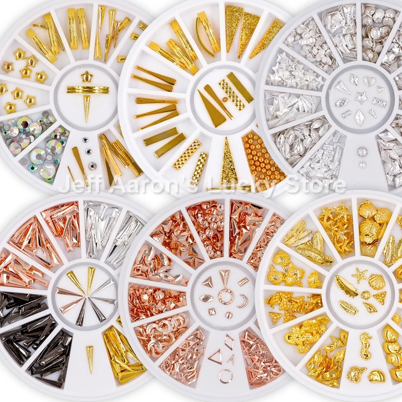 

Rose Gold 3D Nail Decoration in Wheel Geometry Plated Metal Nail Studs Manicure Circle Star Round Square Nail Art Decorations