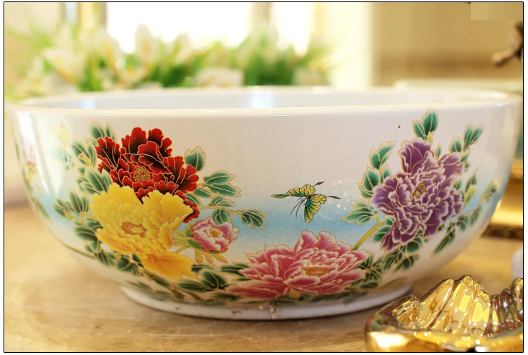 Europe Vintage Style Lavobo Ceramic Washing Basin Counter top Bathroom Sink hand painted vessel sinks Peony painting black (3)