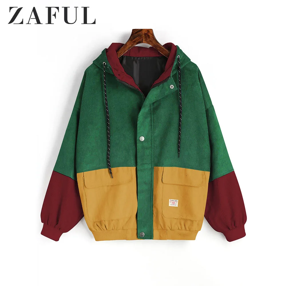 

ZAFUL Winter Jacket Coat Women Patchwork Color Block Hooded Pocket Corduroy Jackets Autumn Casual Jacket Coats Women Outerwear