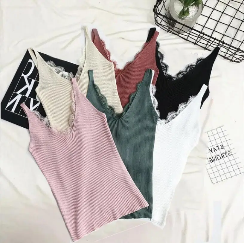 

Harajuku 2019 Summer Tank Tops Women Casual Lady Top Tees Knitting T-shirt Female Brand Clothing T Shirt V-neck Tops QH1879